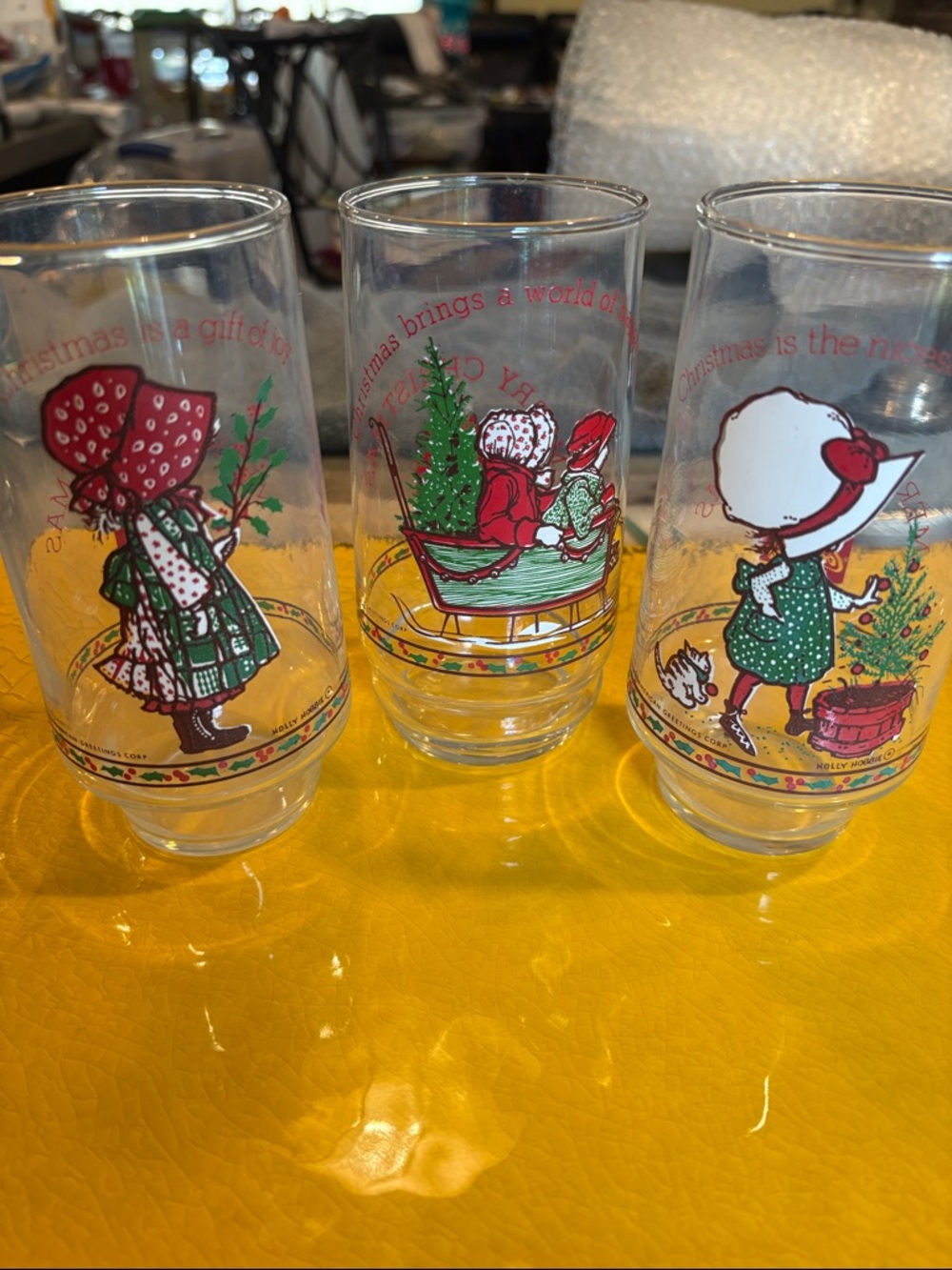 Vintage Holiday Holly Hobbie Glasses - Set of 3 - American Greetings 1977